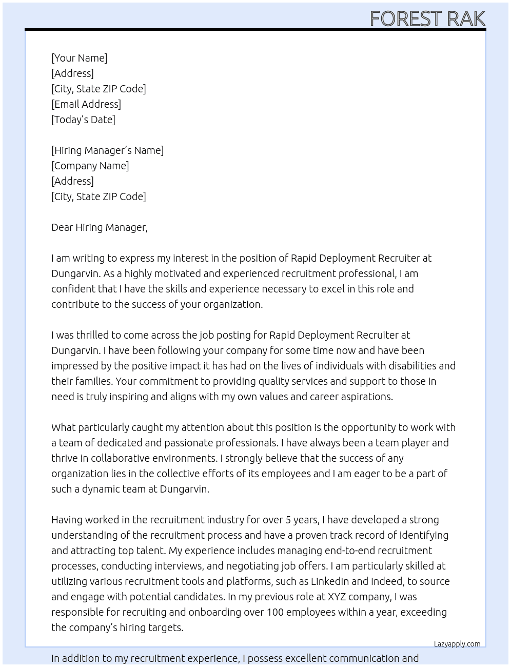 Rapid Deployment Recruiter At Dungarvin Cover Letter