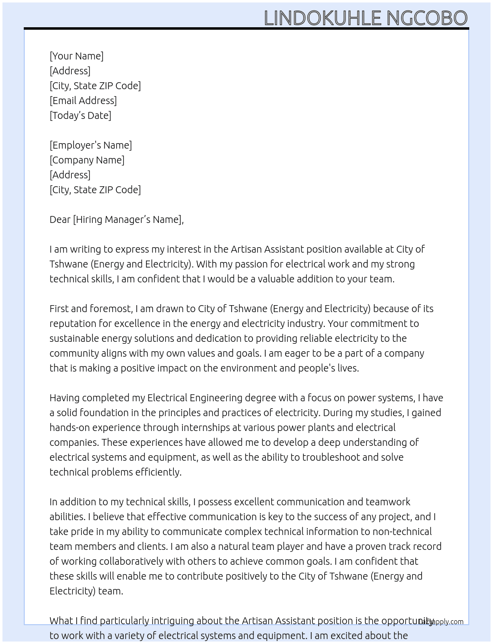 artisan assistant At City of Tshwane( Energy and Electricity)   Cover Letter