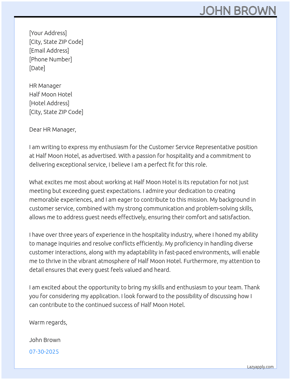 CUSTOMER SERVICE REPRESENTATIVE At Half moon hotel Cover Letter