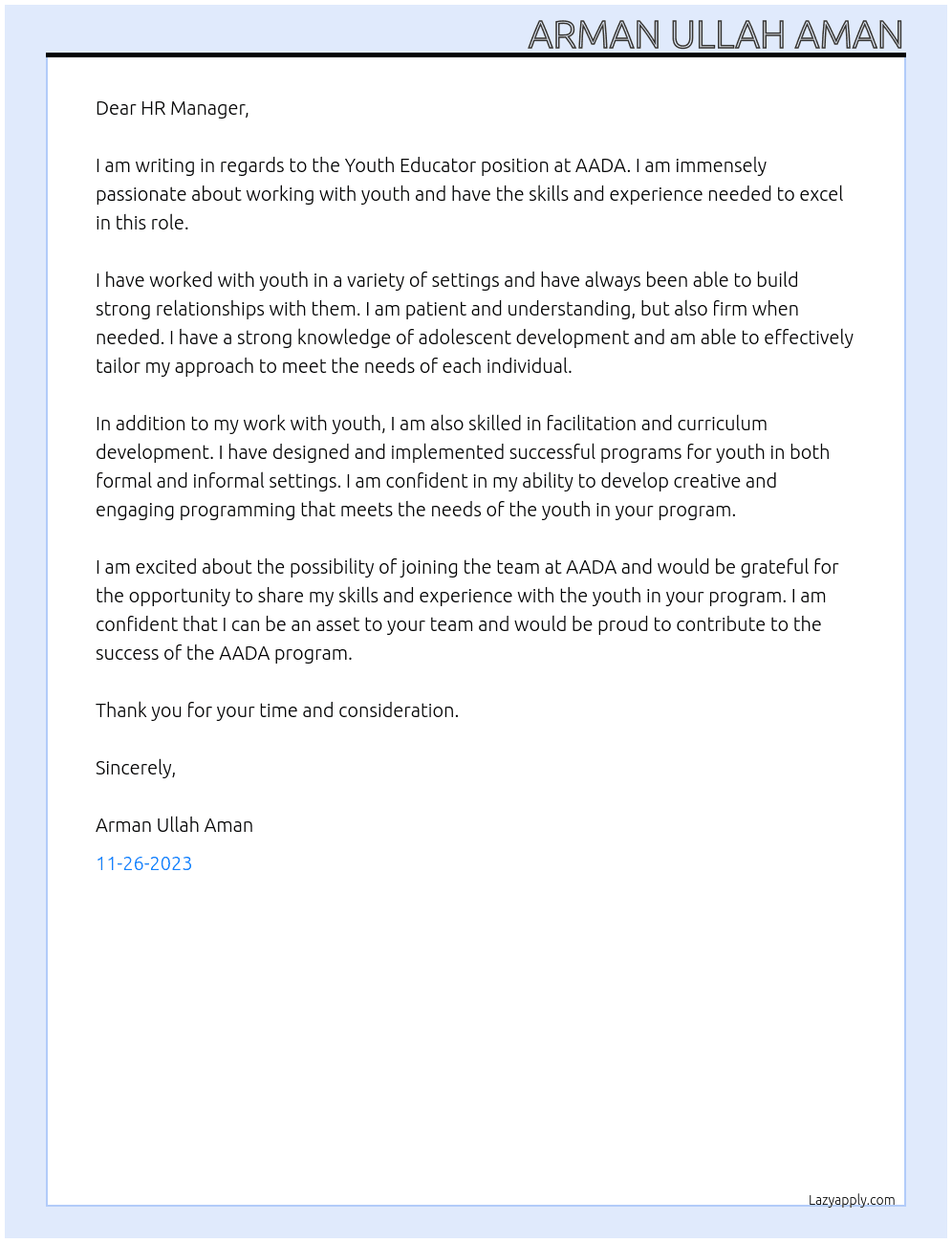 Youth Educator  At AADA Cover Letter