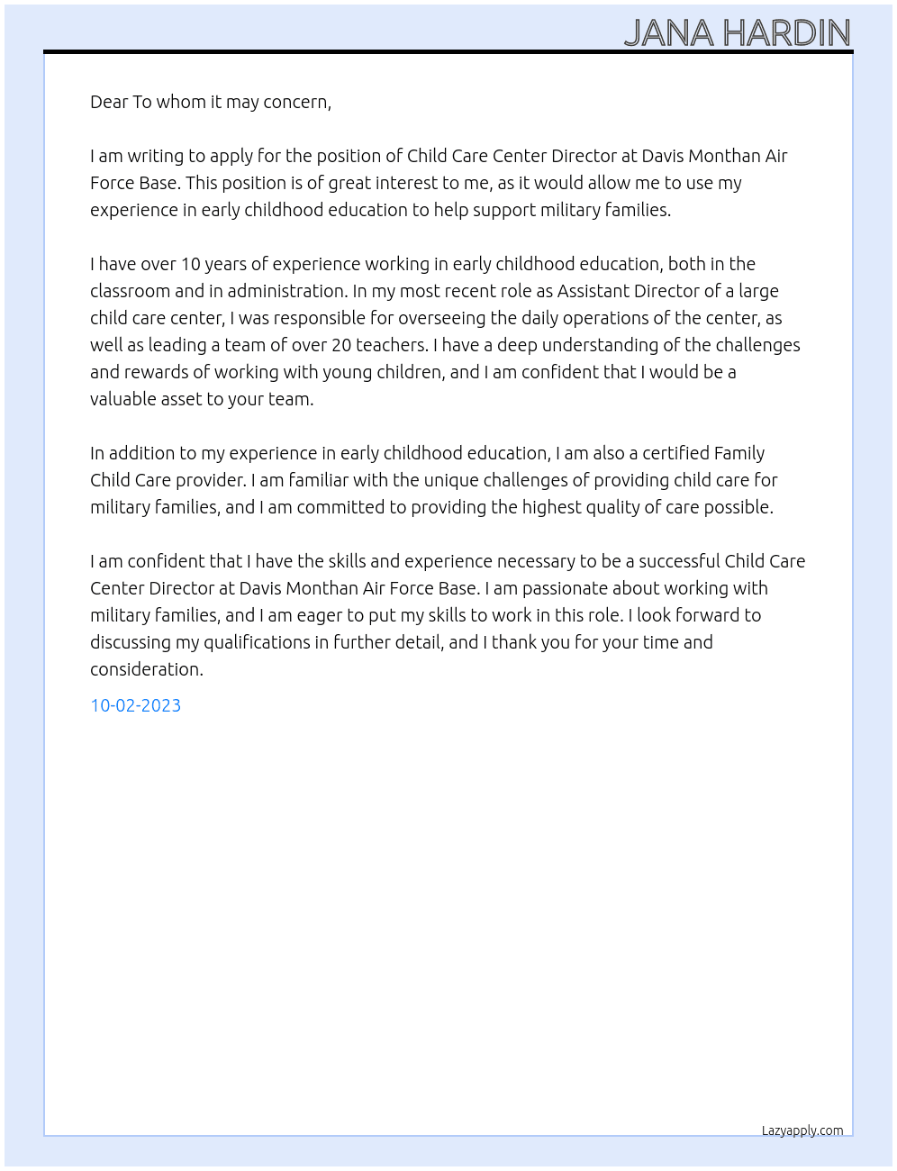 Child Care Center Director  At Davis Monthan Air Force Base  Cover Letter