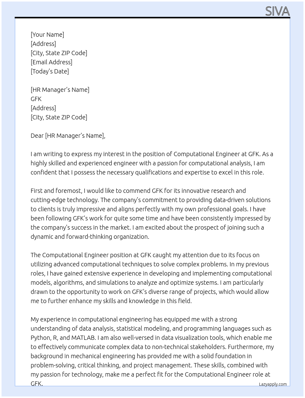 Computational Engineer At GFK Cover Letter