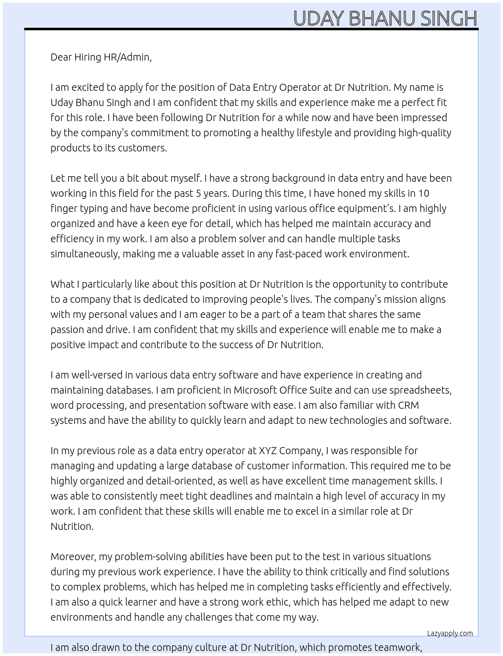 Data Entry Operator At Dr Nutrition Cover Letter