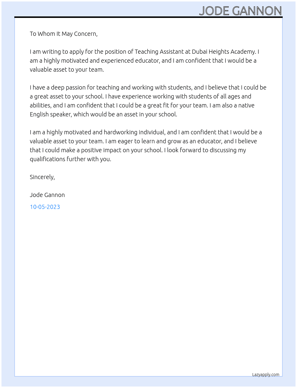 Teaching Assistant At Dubai heights academy  Cover Letter