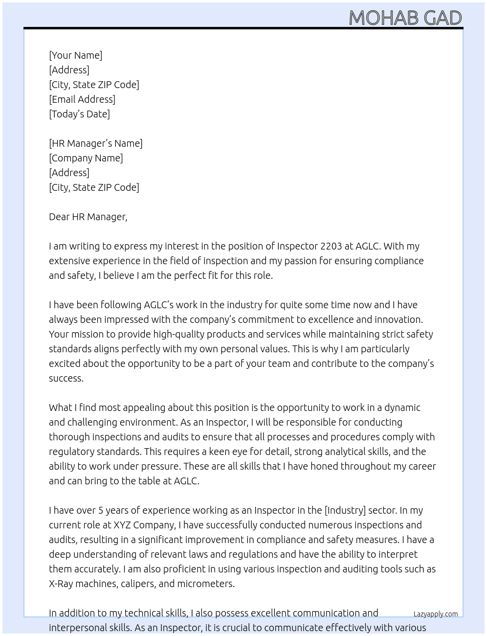 Inspector 2203 At AGLC Cover Letter