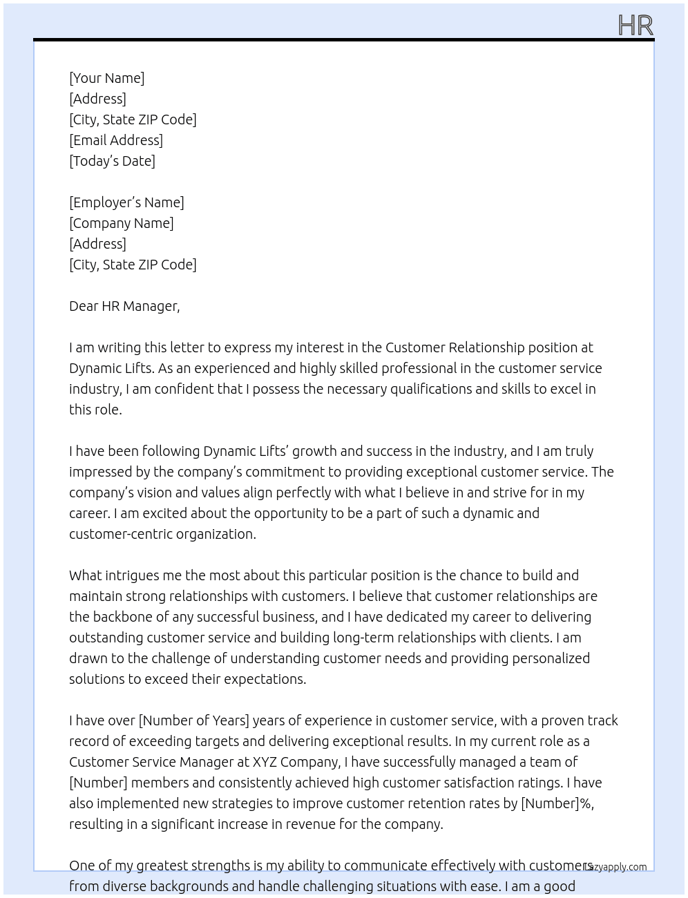 Customer relationship  At Dynamic lifts Cover Letter