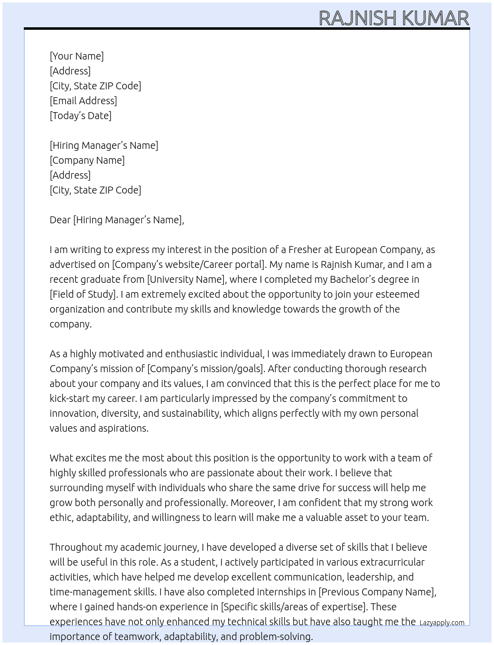 Fresher At European company Cover Letter