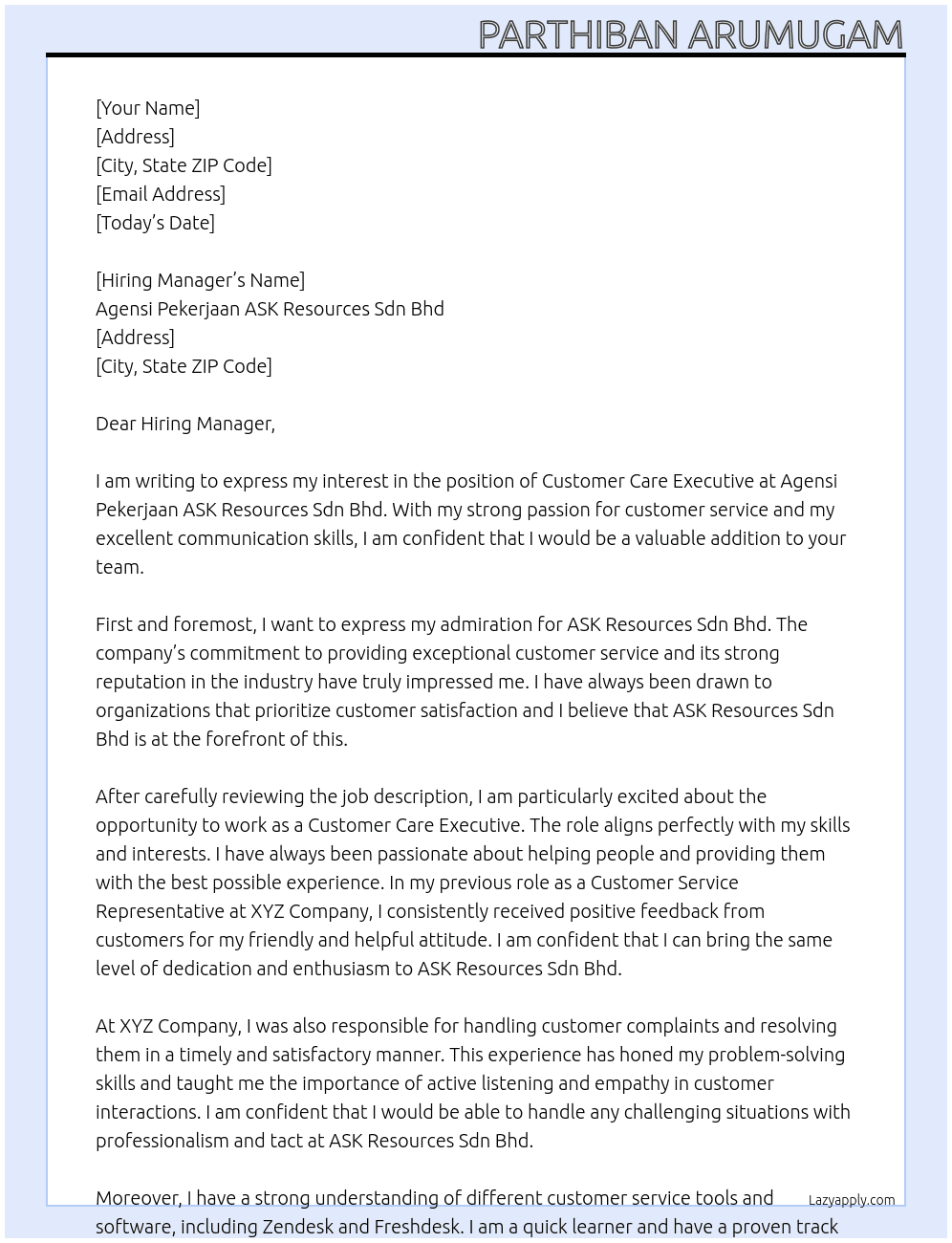 Customer Care Executive At Agensi Pekerjaan ASK Resources Sdn Bhd Cover Letter