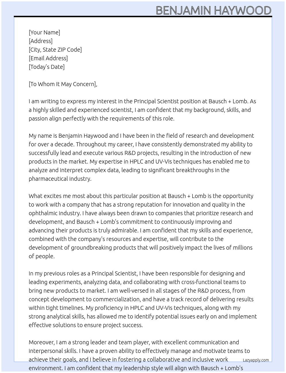 Principal Scientist At Bausch + Lomb Cover Letter
