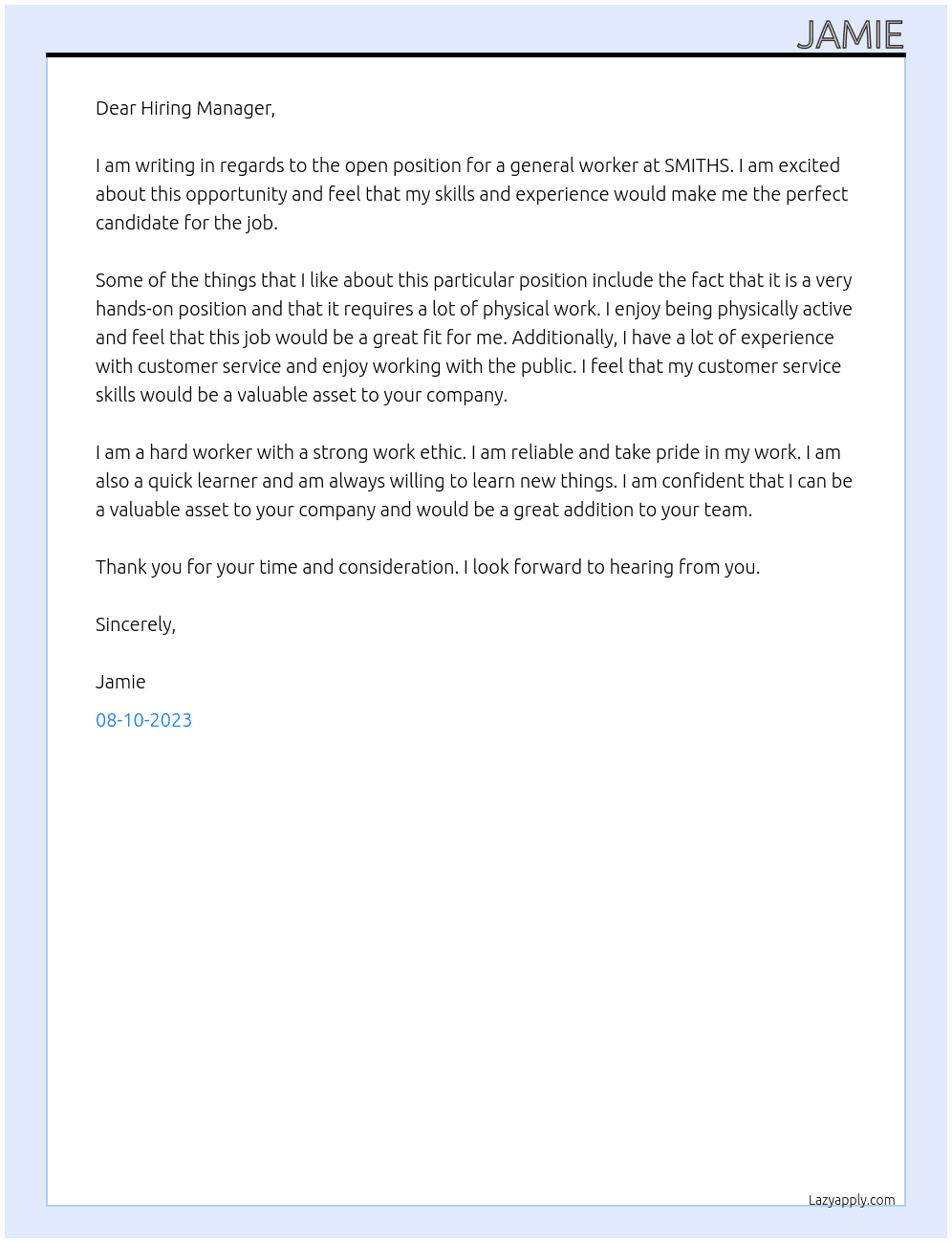General worker At SMITHS Cover Letter