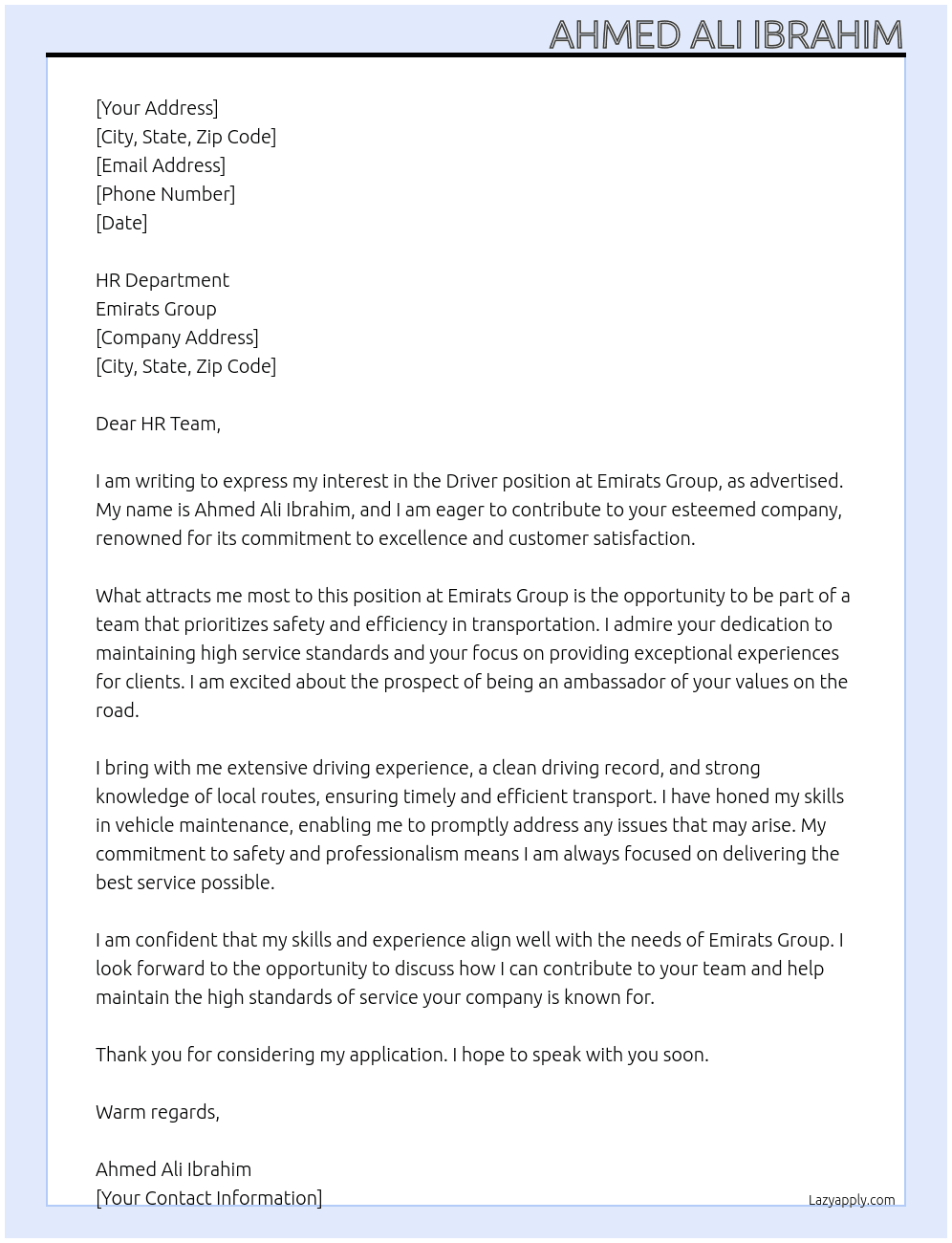 driver At emirats gorup Cover Letter