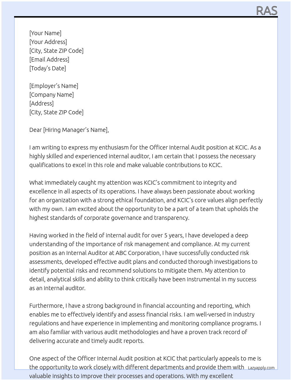 Officer Internal Audit At KCIC Cover Letter