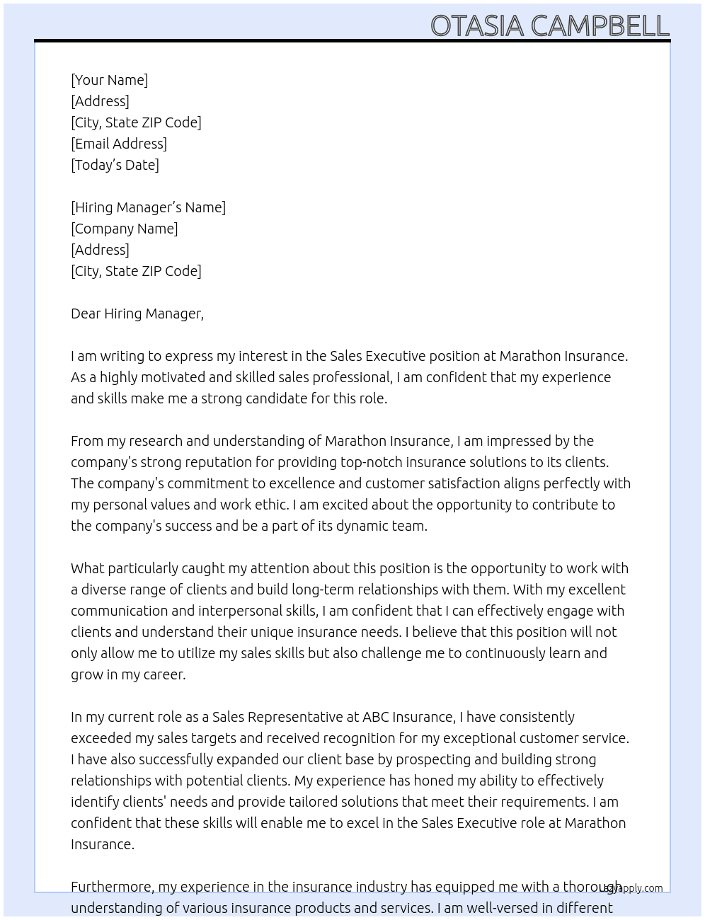 Sales Executive At Marathon Insurance Cover Letter