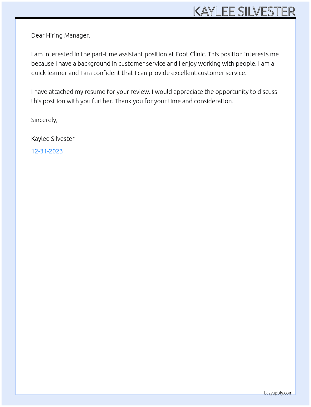 Part time Assistant  At Foot Clinic  Cover Letter