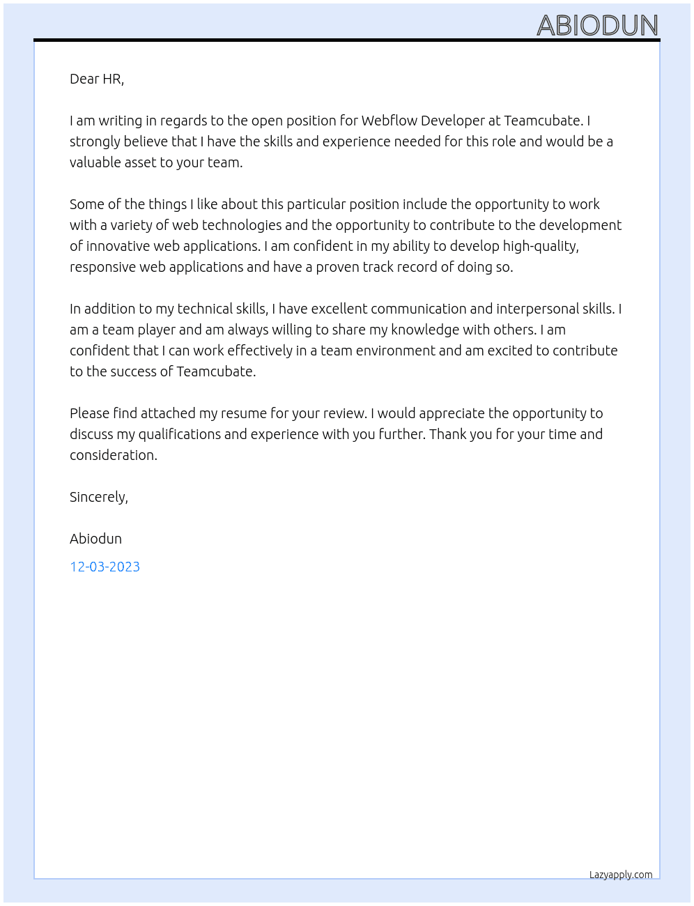 Webflow Developer At Teamcubate Cover Letter