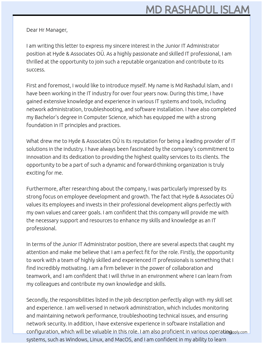 Junior IT Administrator At Hyde & Associates OÜ Cover Letter
