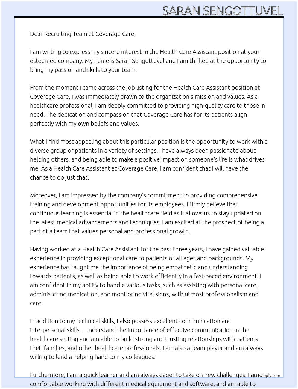 Health Care Assistant At Coverage Care  Cover Letter