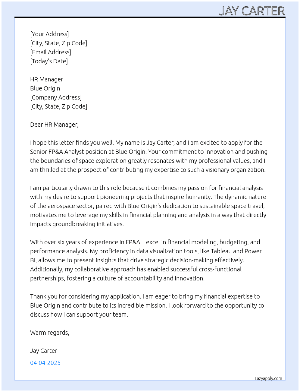 Senior FP&A Analyst At Blue Origin Cover Letter