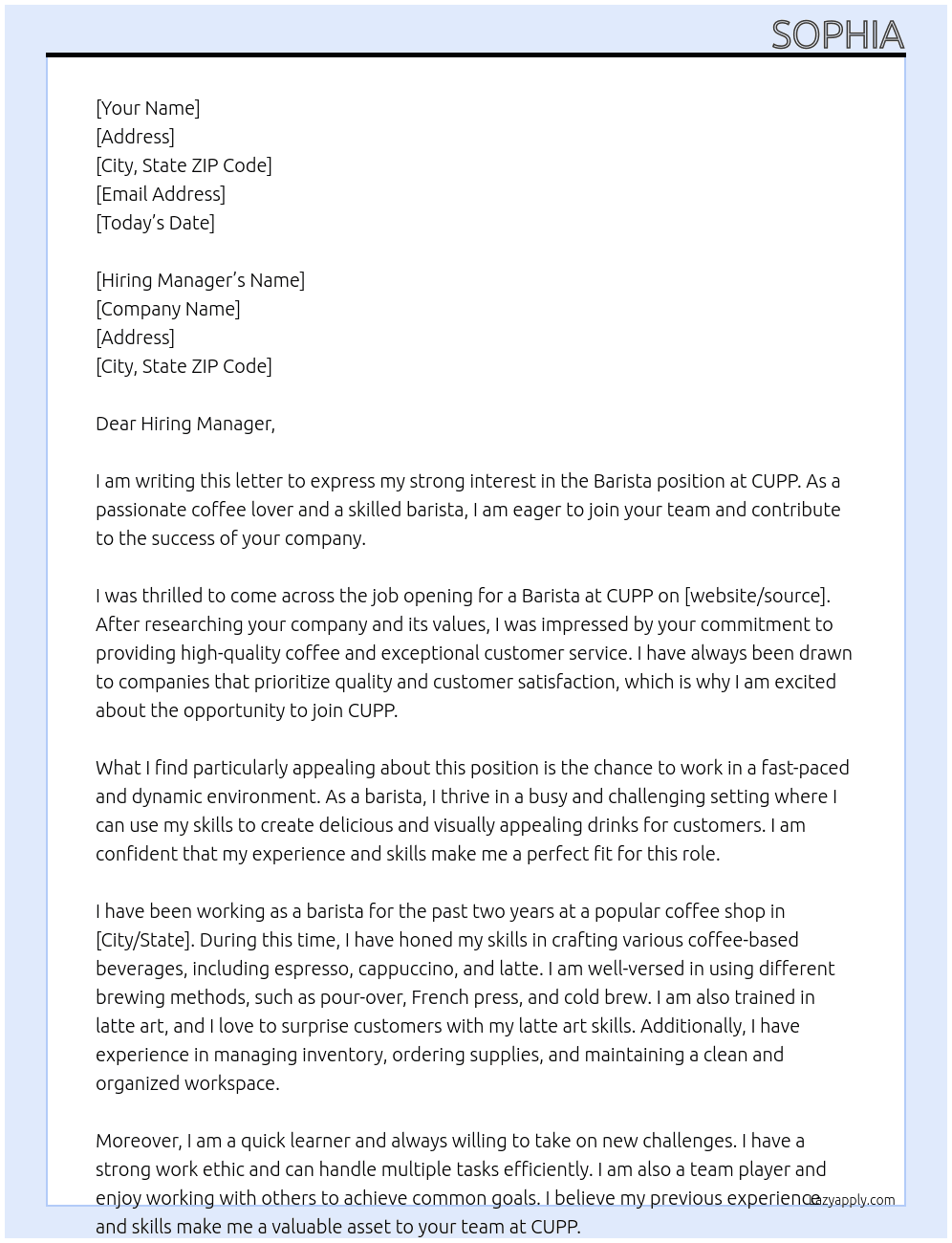 Barista At CUPP Cover Letter