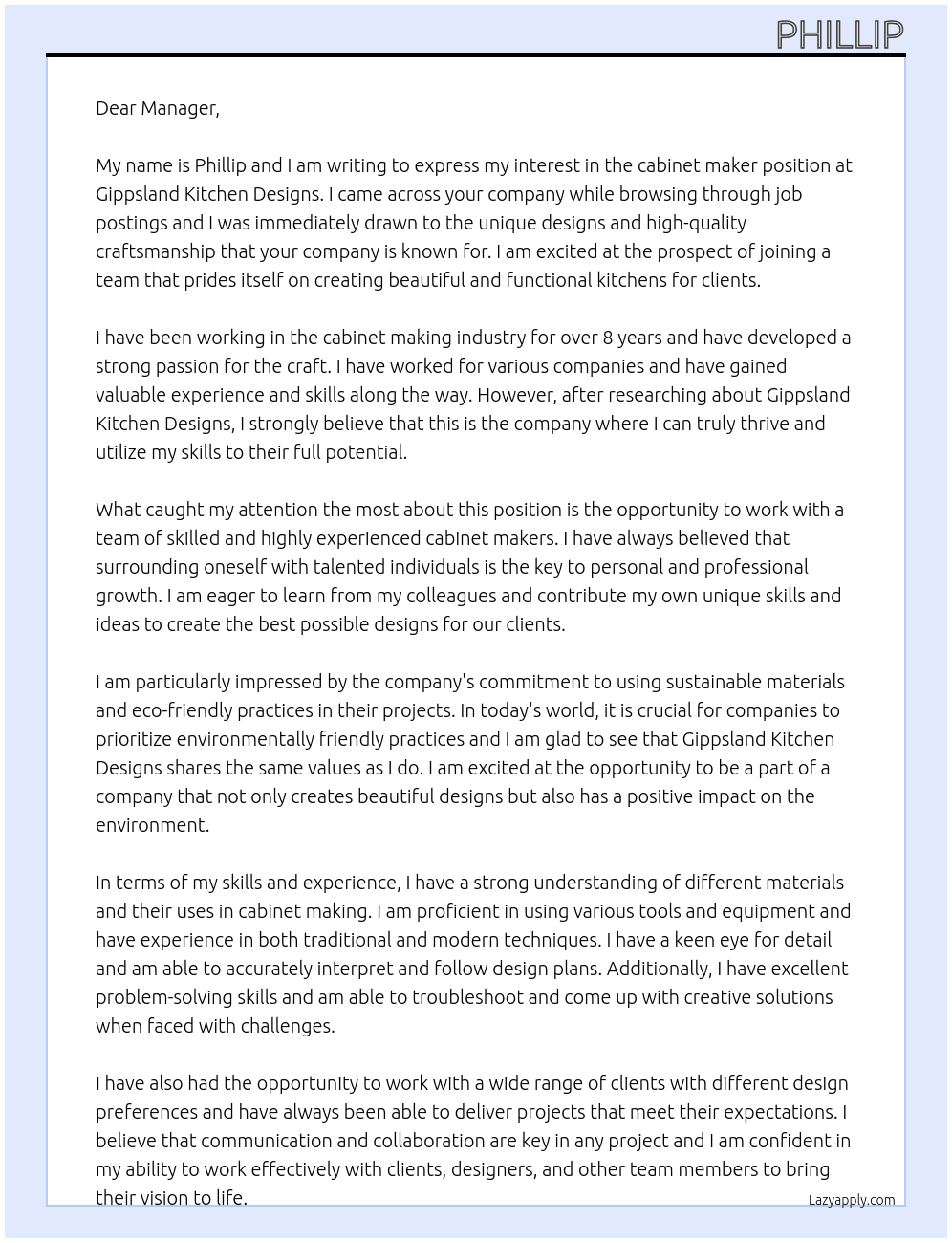 cabinet maker At Gippsland kitchen designs Cover Letter