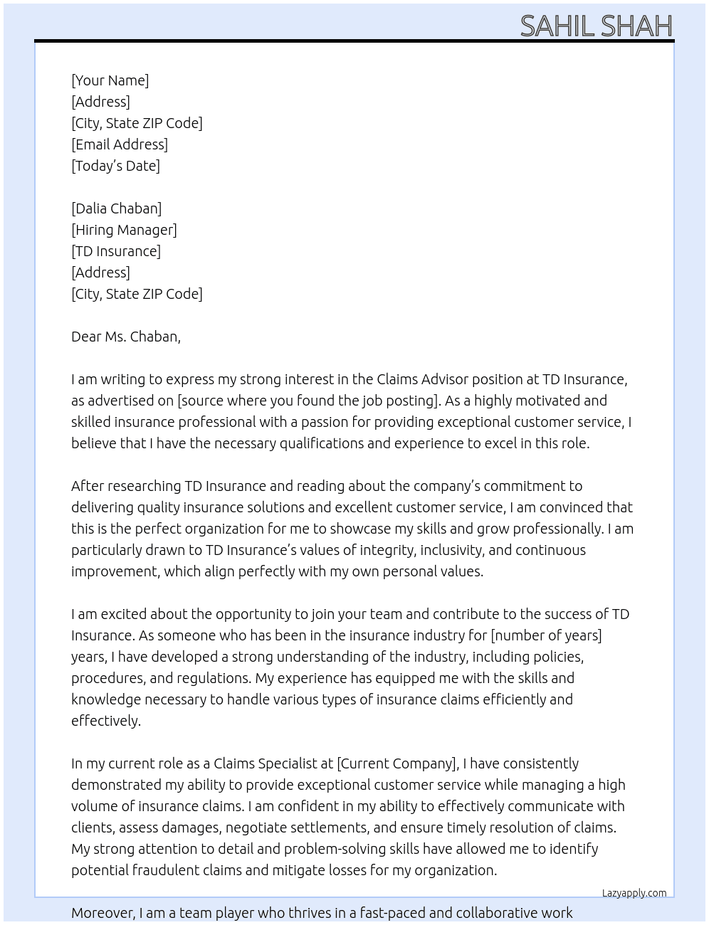 Claims Advisor At TD Insurance Cover Letter