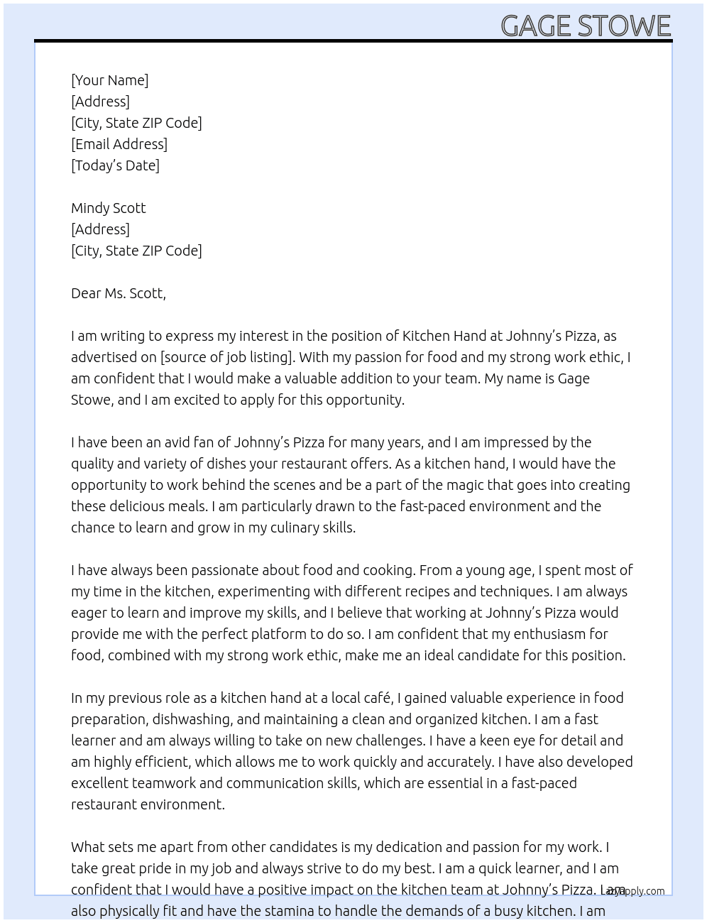 Kitchen hand At Johhny's Pizza Cover Letter