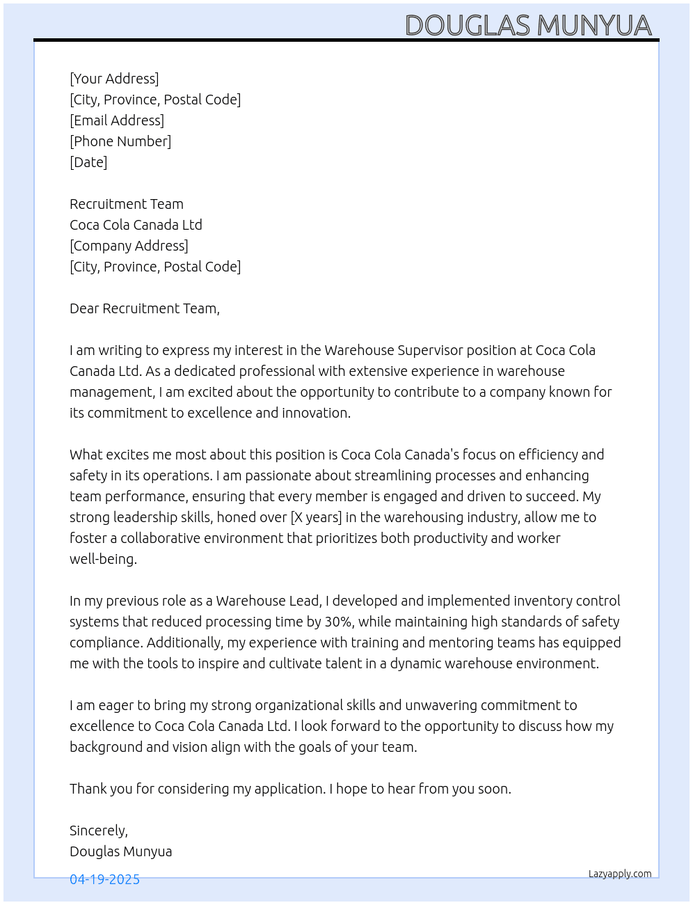 Warehouse Supervisor  At Coca Cola Canada Ltd  Cover Letter