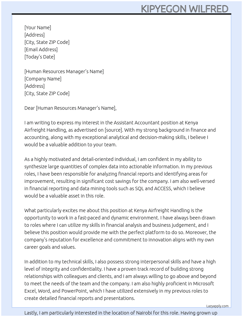 Assistant Accountant  At Kenya Airfreight handling Cover Letter