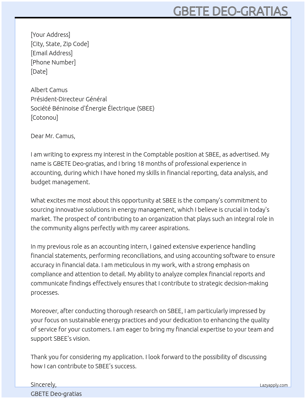 Comptable  At SBEE  Cover Letter