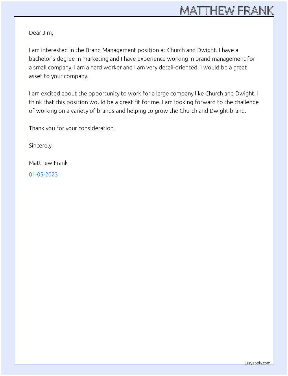 Brand Management At Church and Dwight Cover Letter