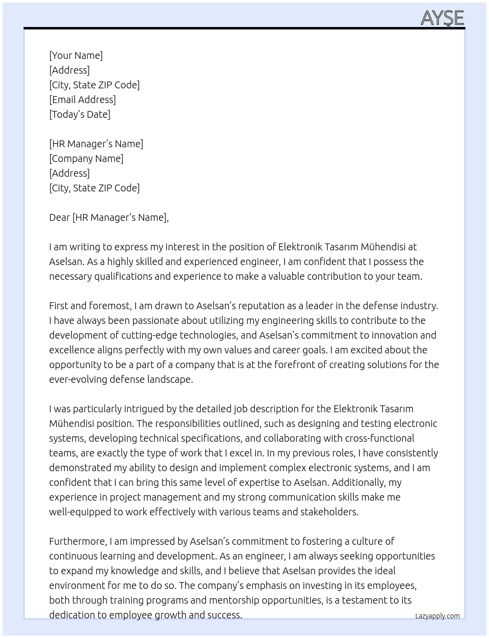 Elektronik Tasarım Mühendisi At aselsan Cover Letter