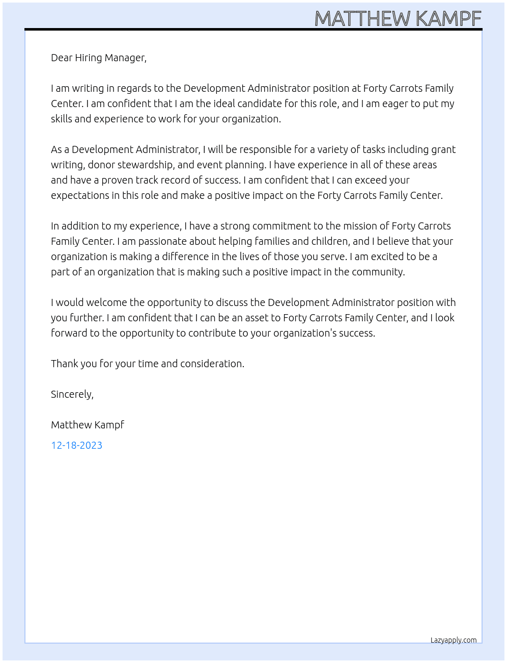 Development Administrator At Forty Carrots Family Center Cover Letter