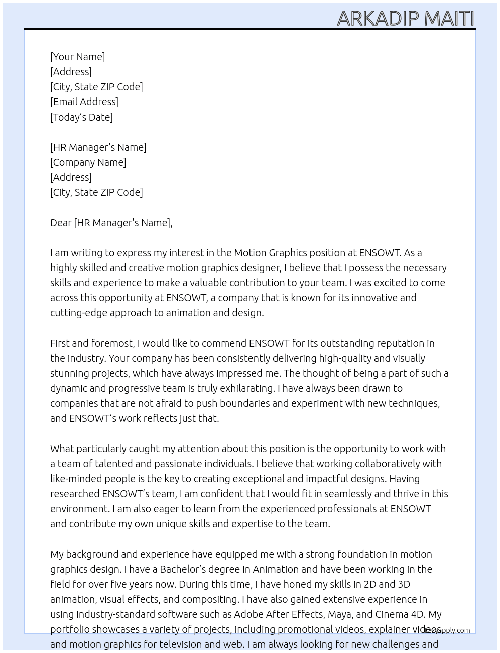 Motion graphics  At ENSOWT Cover Letter