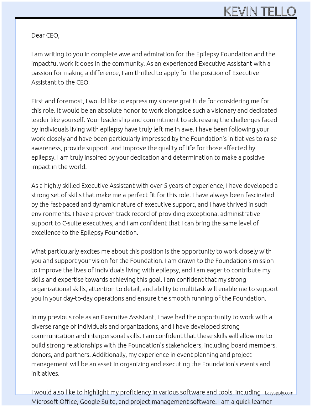 Executive Assistant to the CEO At Epilepsy Foundation Cover Letter