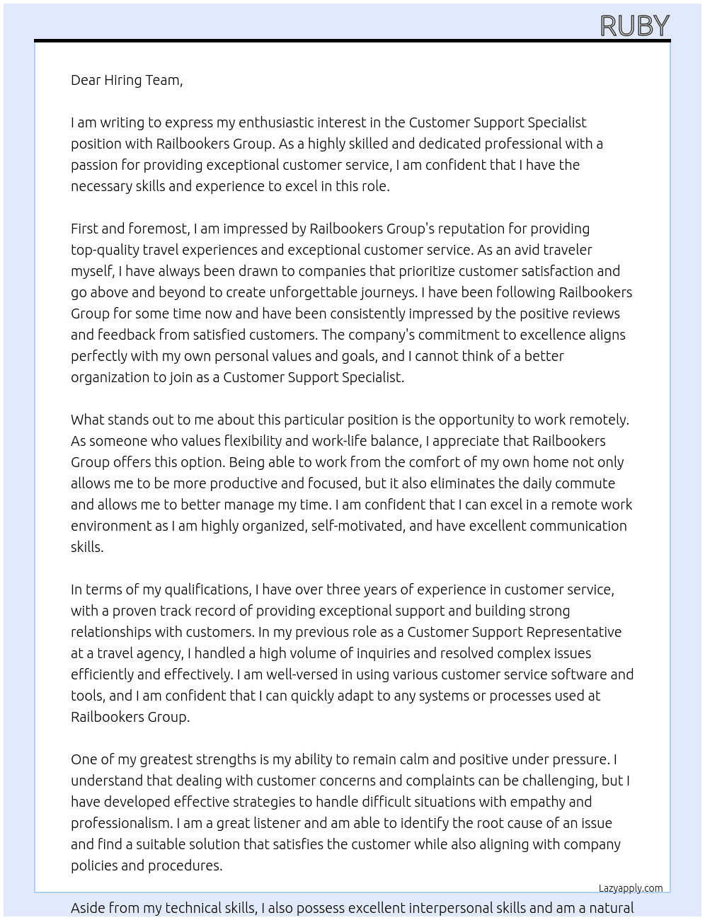 Customer Support Specialist At Railbookers Group Cover Letter