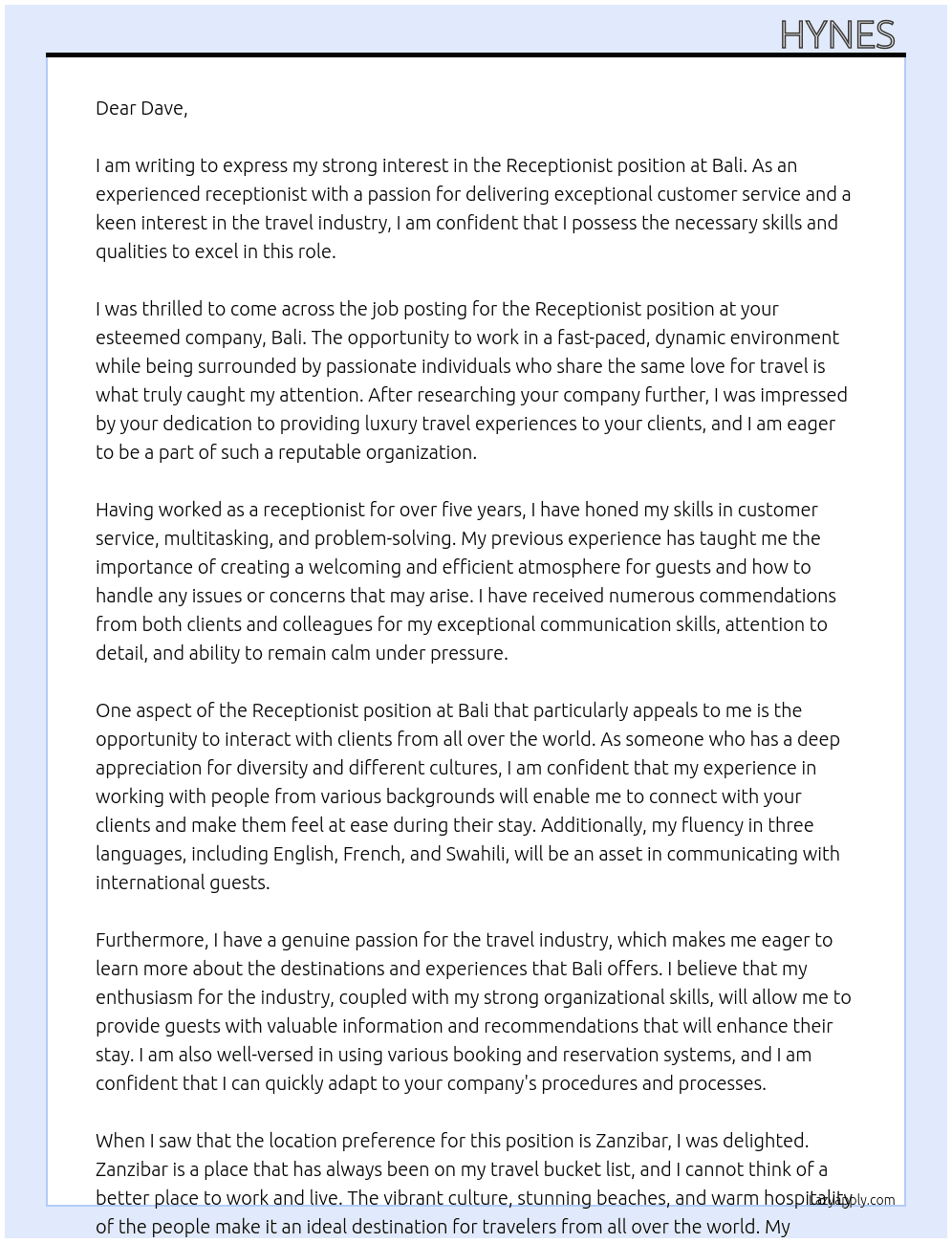 Receptionist At Bali Cover Letter