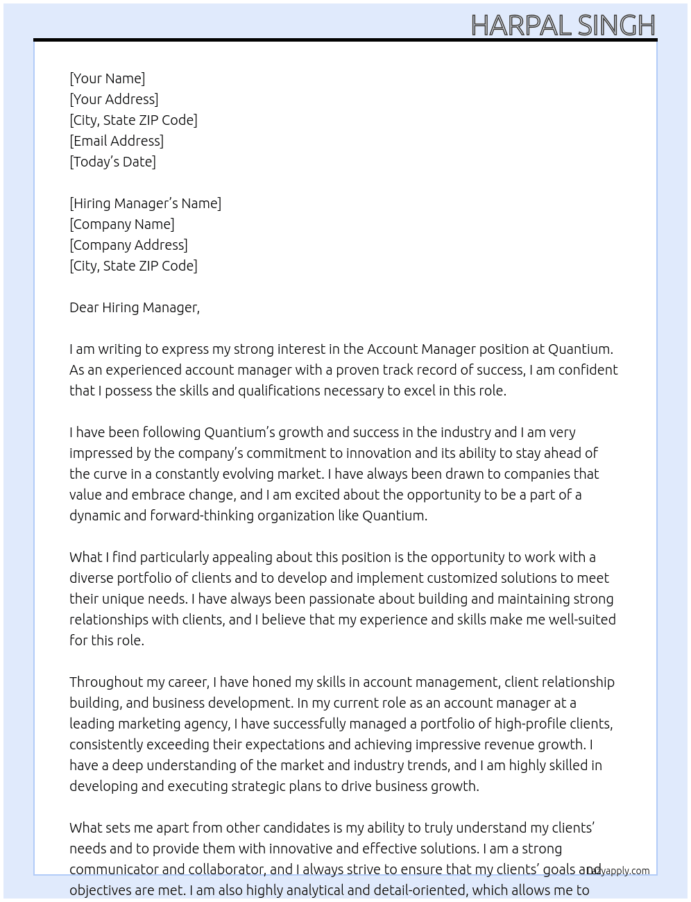Account Manager At Quantium Cover Letter