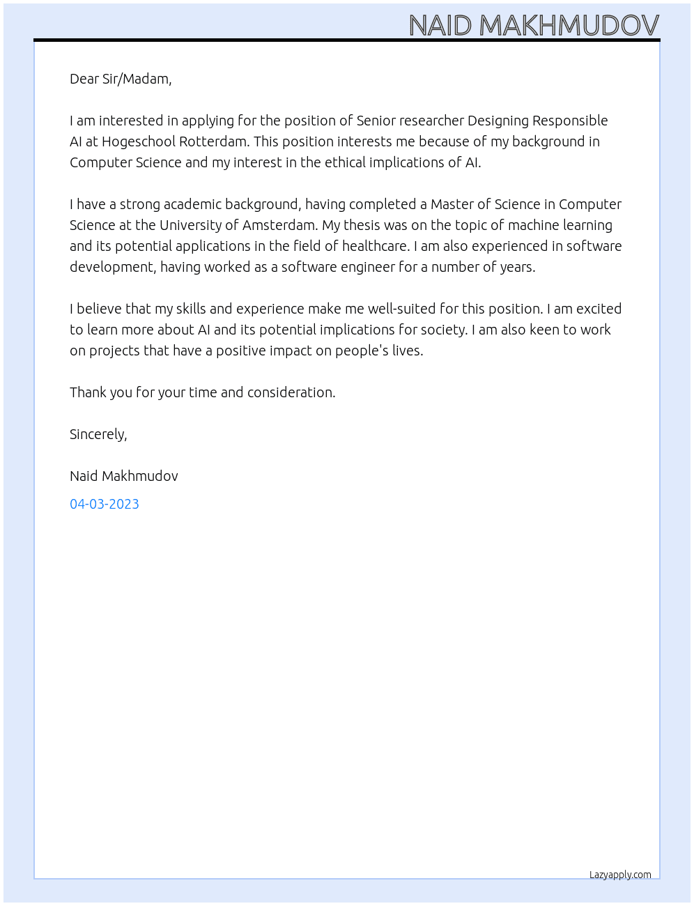 Senior researcher Designing Responsible AI At Hogeschool Rotterdam  Cover Letter