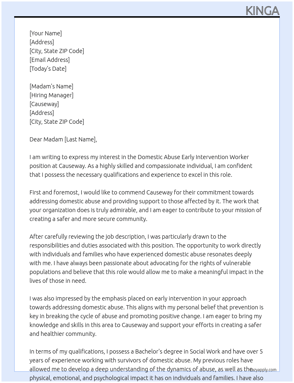 Domestic Abuse Early Intervention Worker At Causeway Cover Letter