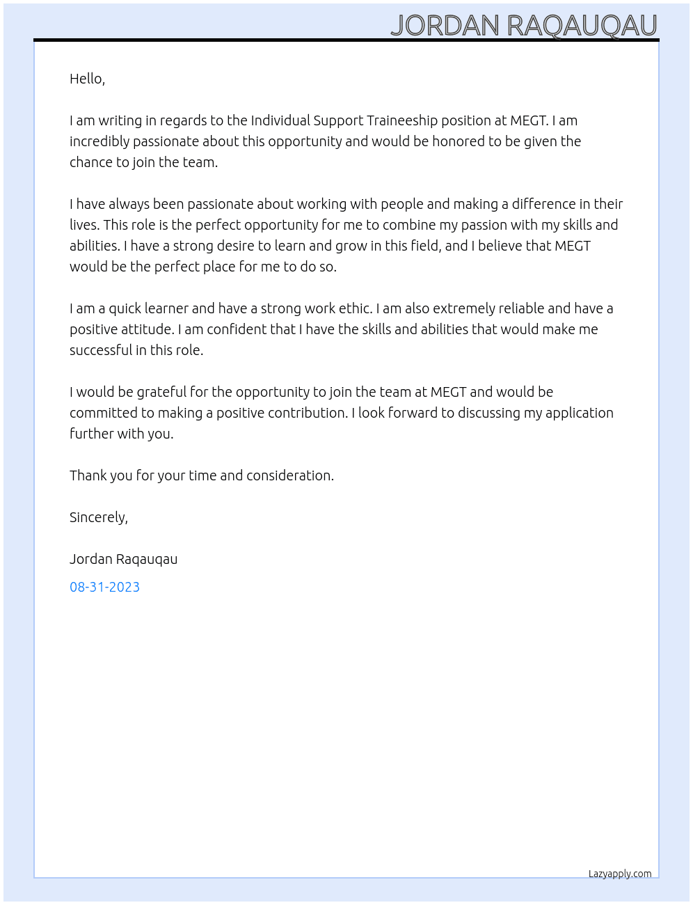 Individual Support Traineeship At MEGT Cover Letter