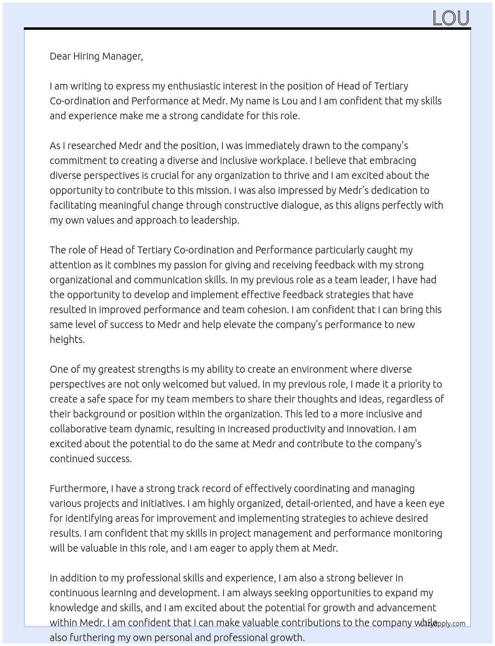 Head of tertiary co-ordination and performance  At Medr Cover Letter