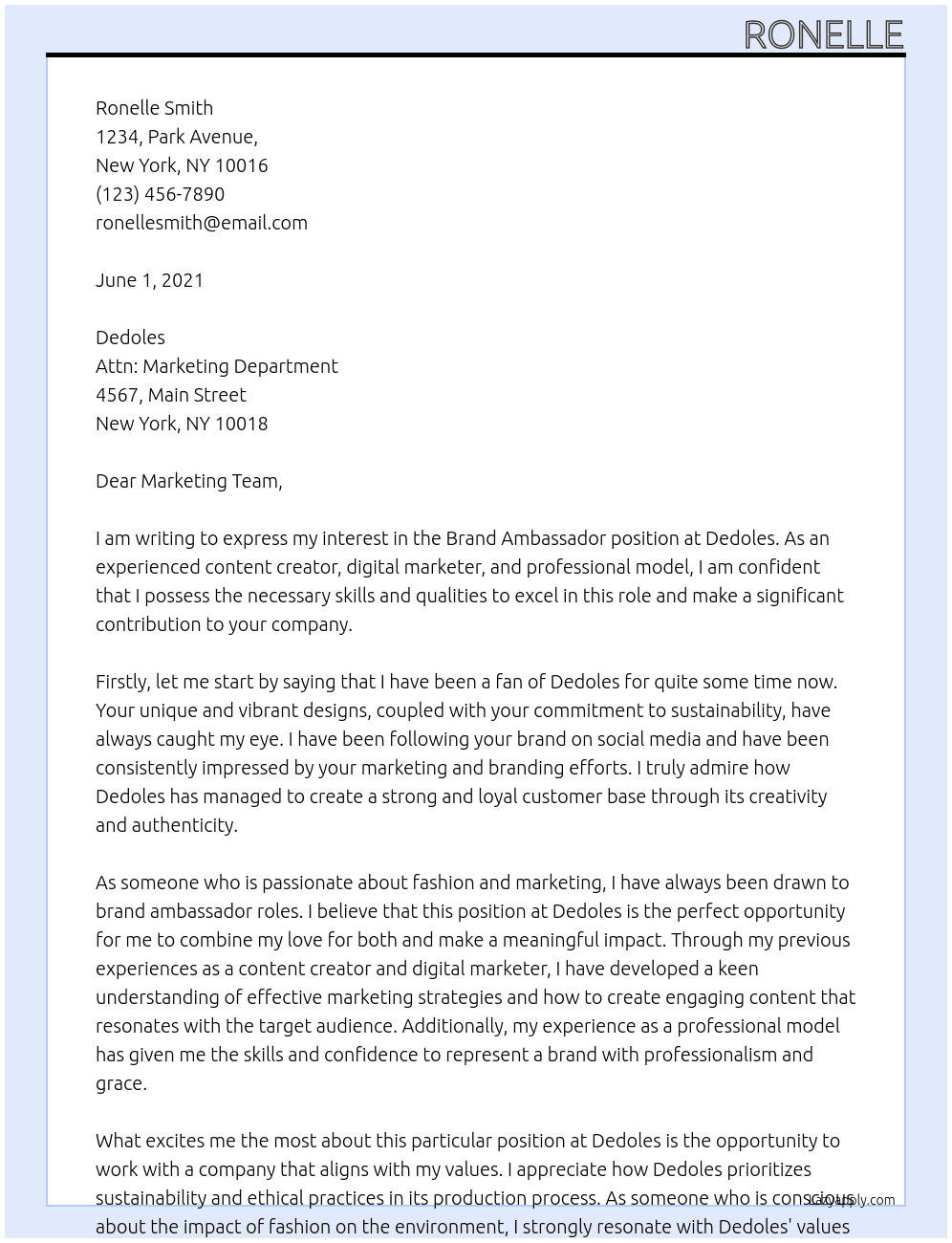 Brand ambassador  At Dedoles Cover Letter