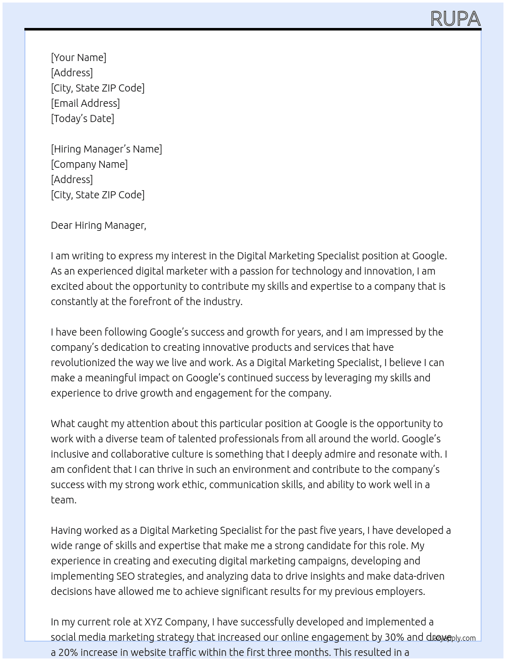 Digital Marketing Specialist At Google Cover Letter