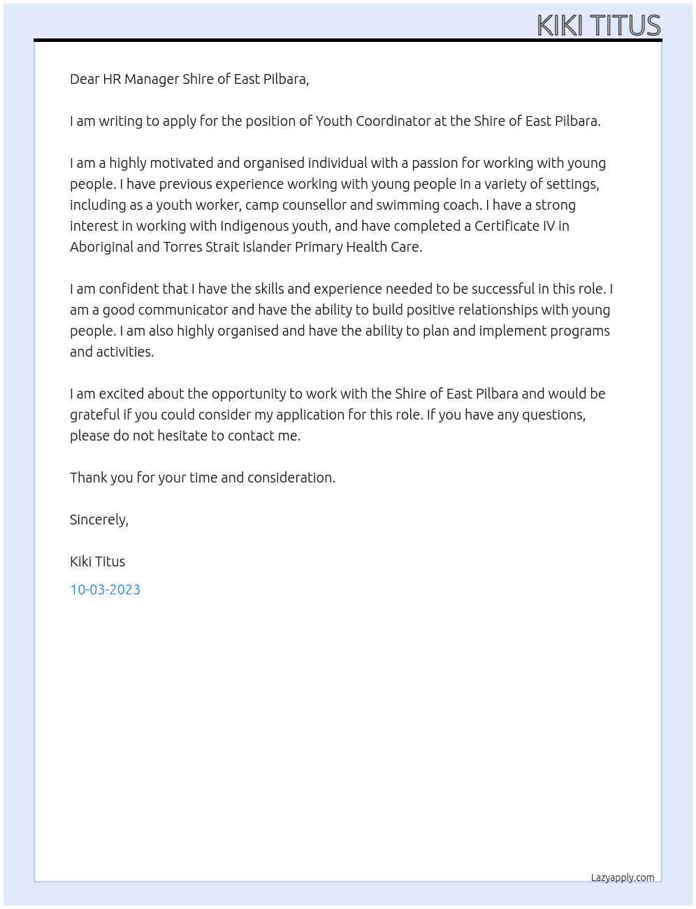 Youth Coordinator At Shire of East Pilbara Cover Letter
