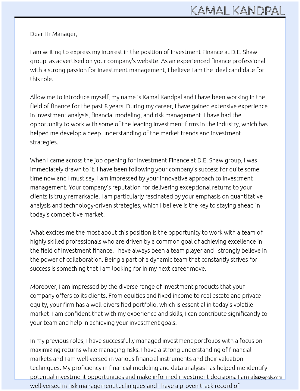 investment finance At D.E. Shaw group Cover Letter