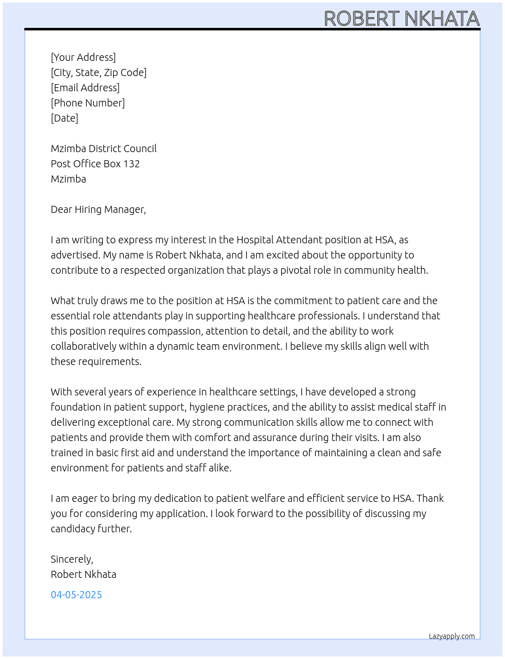 Hospital attendant  At HSA Cover Letter