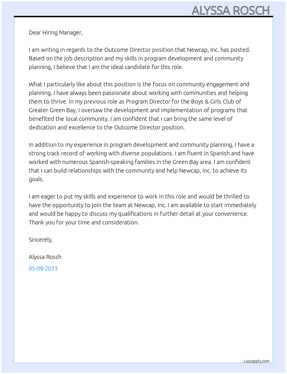 Outcome Director  At Newcap, Inc. Cover Letter