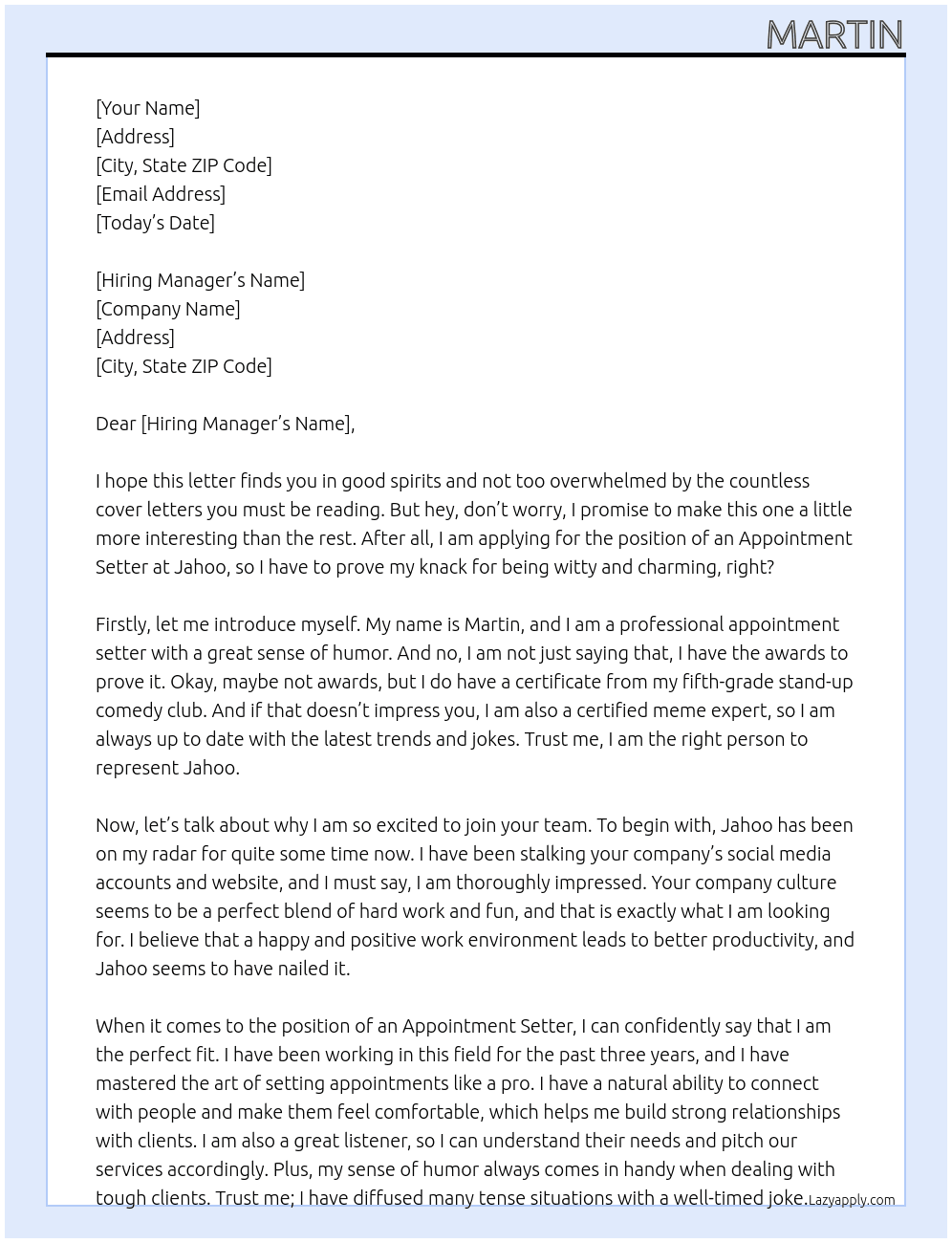 Appointment Setter At Jahoo Cover Letter