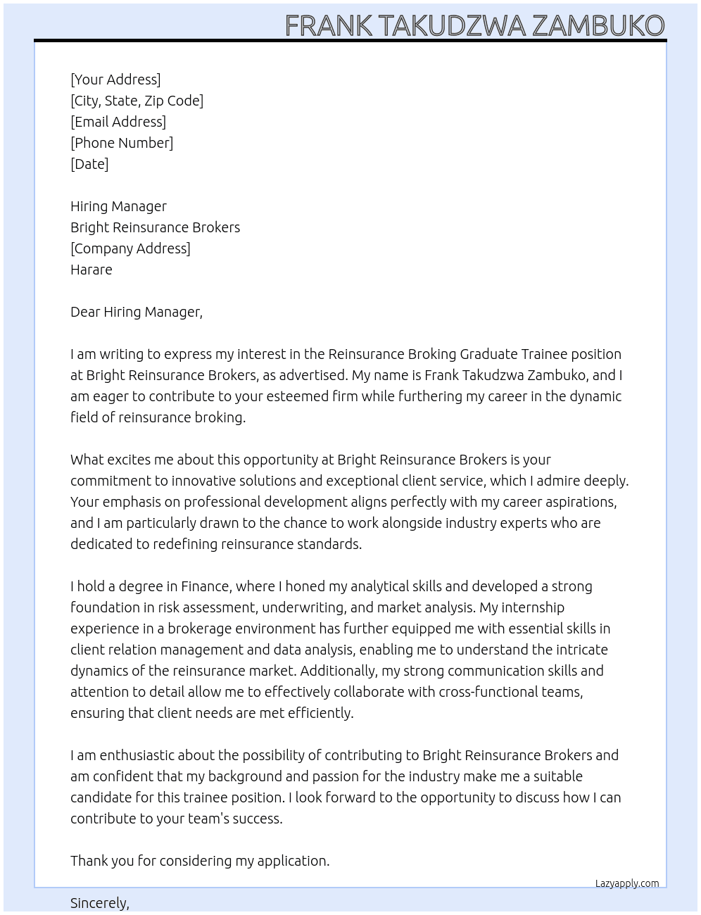 Reinsurance Broking Graduate Trainee At Bright Reinsurance Brokers Cover Letter