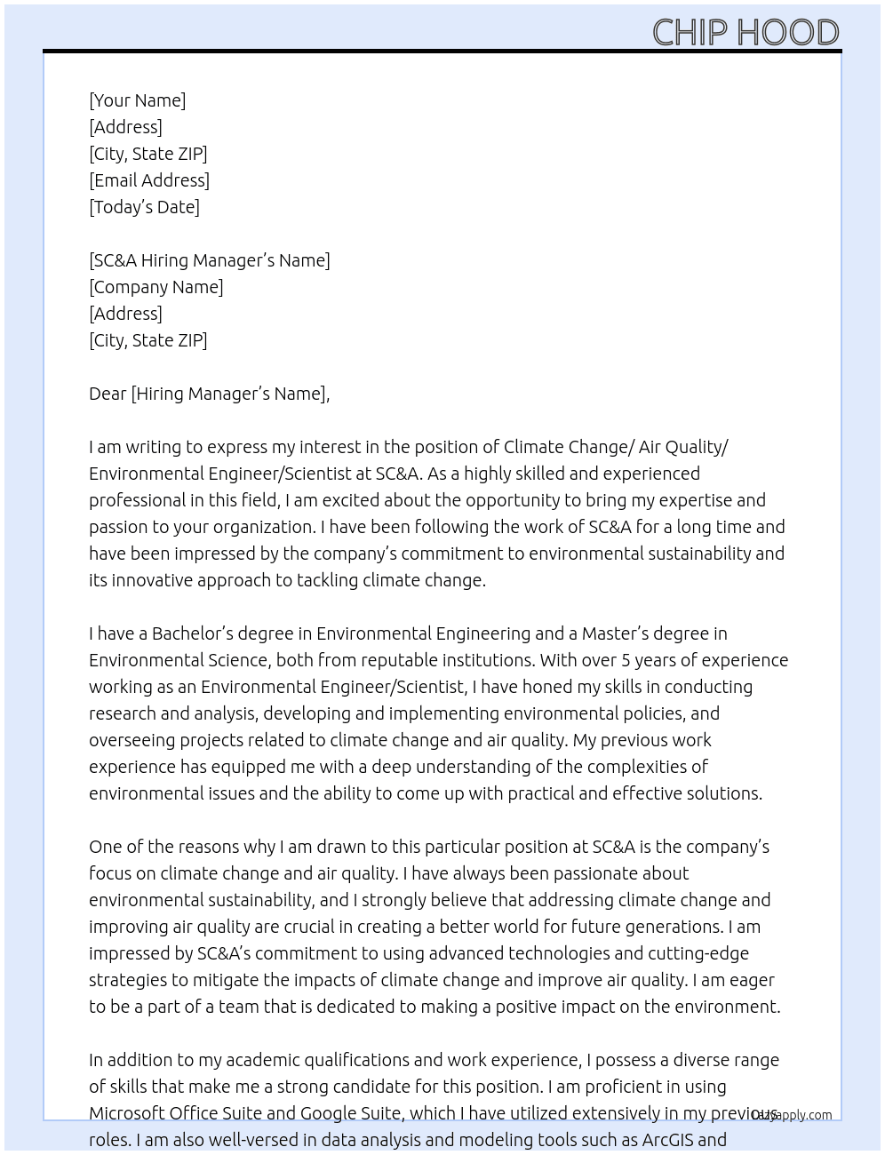 Climate Change/ Air quality/ Enviornmental Engineer / Scientist At SC&A Cover Letter